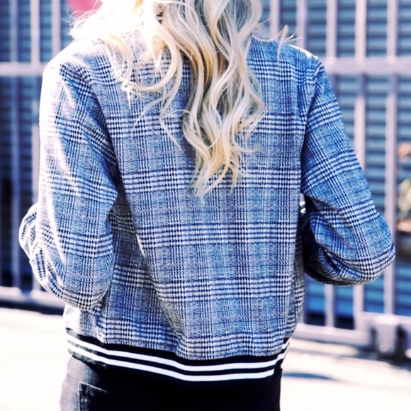 Y2K Plaid Cropped Houndstooth Bomber Jacket - Picture 2 of 10